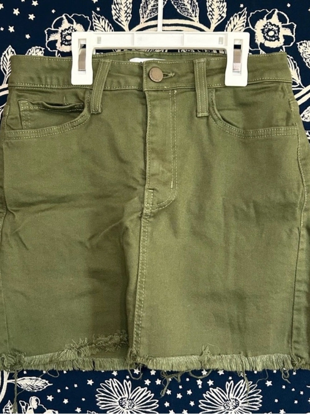 Olive Green Denim Mini Skirt with Frayed Hem